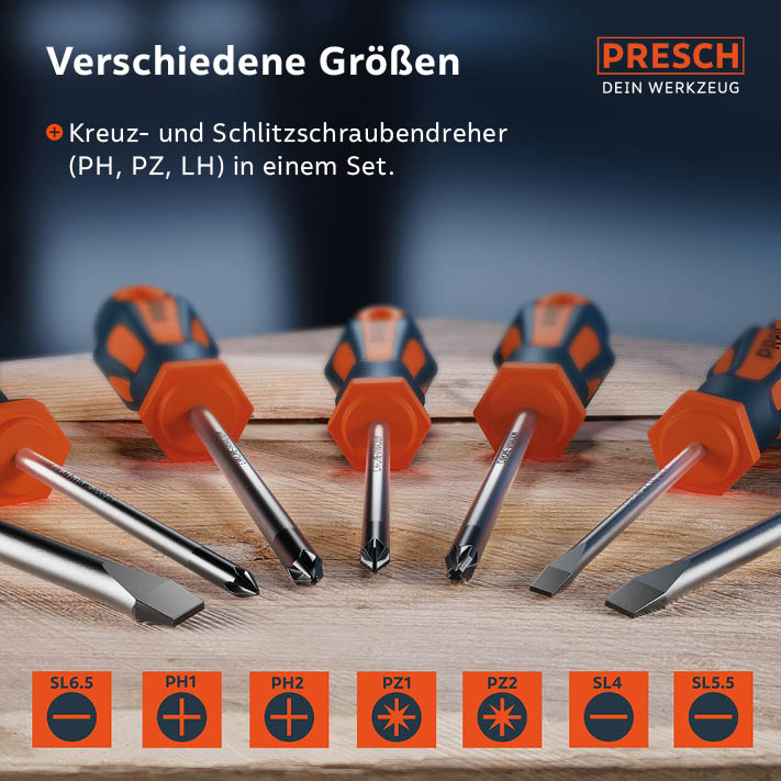 Die Schraubendreherspitzen in Kreuz- und Schlitzform decken die Größen PH, PZ und LH ab.