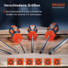 De TX-set bevat zes verschillende Torx-maten voor verschillende afmetingen van TX-schroeven.