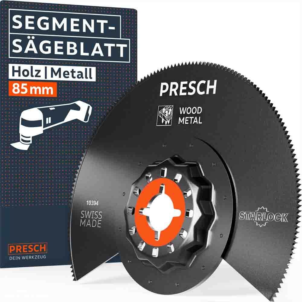 Lame segmentée pour outil multifonction PRESCH pour bois et métal (diamètre 85 mm) avec prise Starlock. Lame bi‑métallique semi‑circulaire de haute qualité avec la mention « Swiss Made ».
