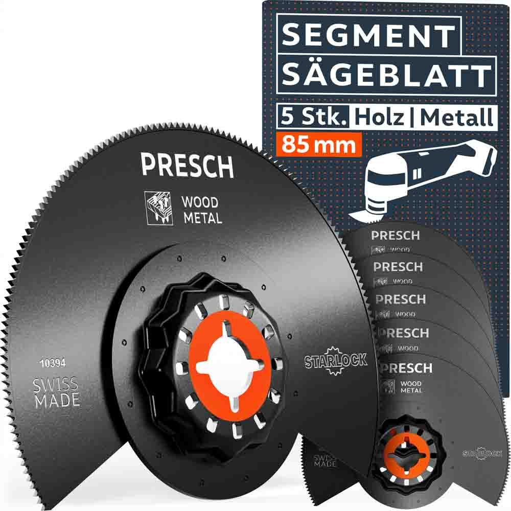 PRESCH Multitool Segmentsägeblatt im 5er Set für Holz & Metall (Durchmesser 85mm) mit Starlock-Aufnahme. Hochwertiges, halbrundes Bi-Metall-Sägeblatt mit „Swiss Made“ Kennzeichnung.