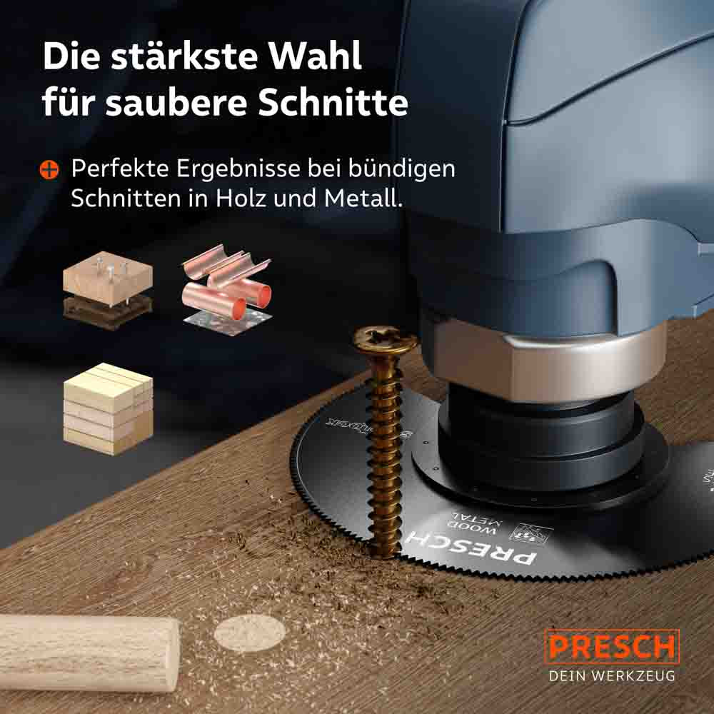 Die stärkste Wahl für bündige Schnitte: Das Bi-Metall-Blatt beim sauberen Kürzen einer Metallschraube direkt an einer Holzoberfläche ohne Beschädigung des Umfelds.
