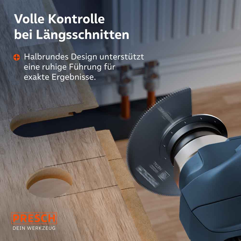 Präzision bei Längsschnitten: Das halbrunde Design unterstützt eine ruhige Führung des Multitools und verhindert ein Verlaufen des Blatts bei Ausschnitten in Holzplatten.