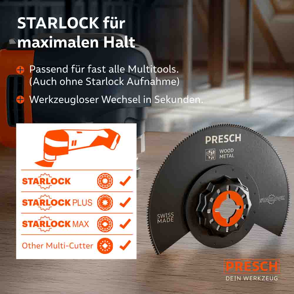 Detailansicht der universellen Starlock-Aufnahme: Passend für Starlock, Starlock Plus und Starlock Max Systeme sowie weitere Multi-Cutter; ermöglicht einen werkzeuglosen Zubehörwechsel in Sekunden.