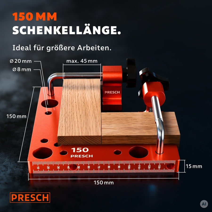 Maßzeichnung des 150 mm Winkels mit Spannbacken, Bohrungen Ø 20 mm und Ø 8 mm sind markiert