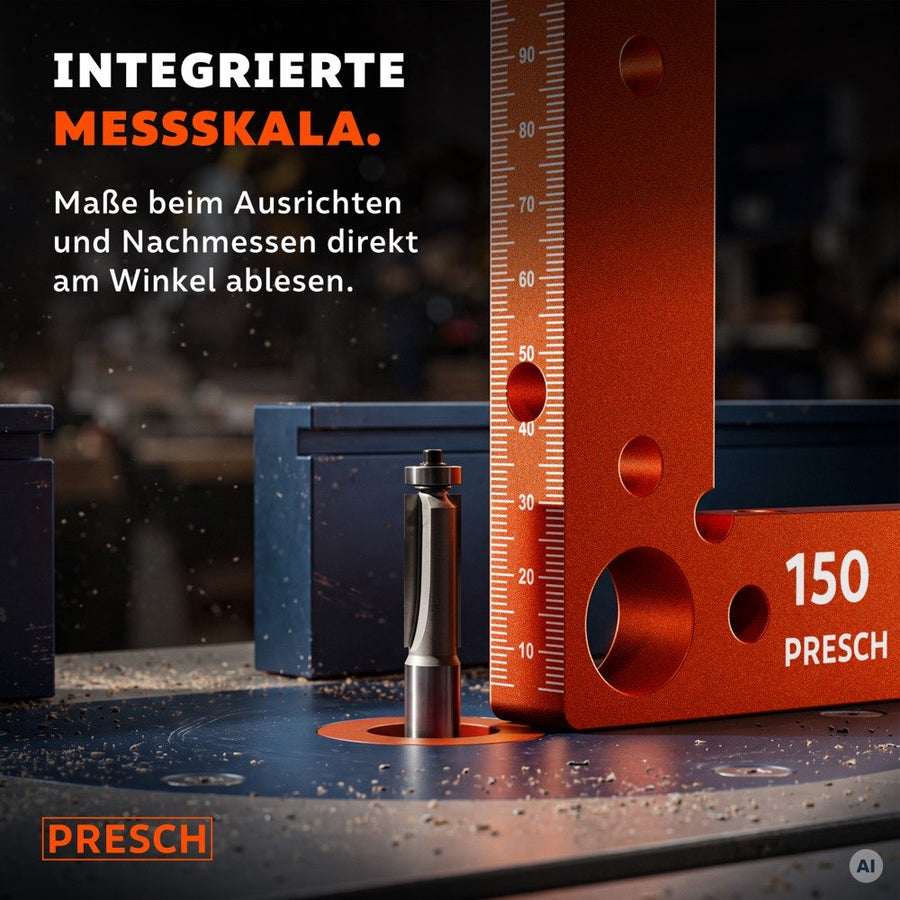 Winkel hochkant neben einem Fräser, die mm-Skala zeigt die eingestellte Frästiefe an