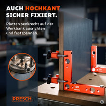 Spannwinkel mit Spannbacke hält eine Platte senkrecht auf der Werkbank fest