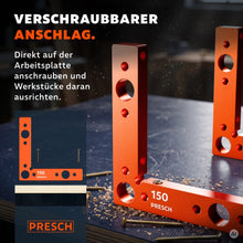 Auf die Arbeitsplatte geschraubte Winkel dienen als fester Anschlag, daneben liegen Holzschrauben