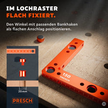150 mm Winkel liegt flach auf der Lochrasterplatte und wird mit Bankhaken als Anschlag fixiert