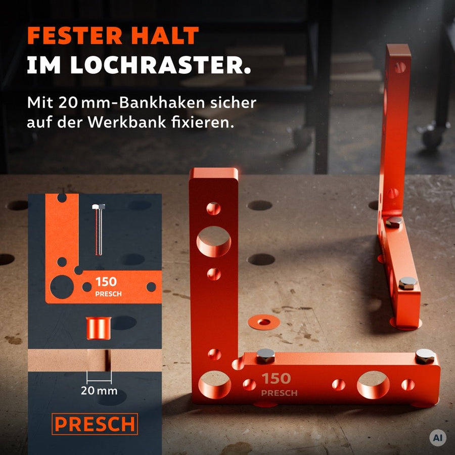 Winkel mit 20 mm Bankhaken im Lochraster der Werkbank fixiert, Detailgrafik zeigt den Sitz