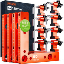 PRESCH Spannwinkel 150 mm Set mit 4 Winkeln und 8 Spannbacken vor der Verpackung
