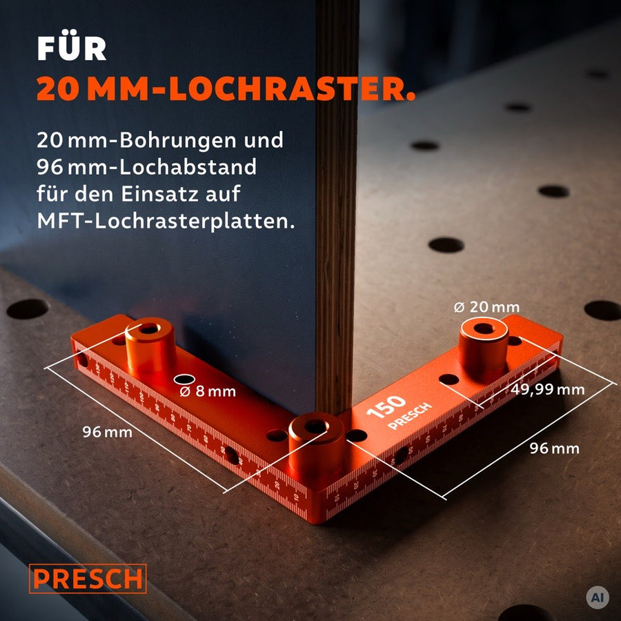 Winkel auf einer Lochrasterplatte mit Bemaßung: Bohrungen Ø 20 mm im Abstand von 96 mm