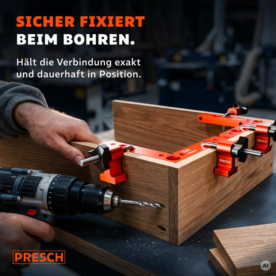 Handwerker bohrt mit dem Akkuschrauber, während Spannwinkel die Ecke eines Holzkastens halten