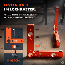 Winkel mit 20 mm Bankhaken im Lochraster der Werkbank fixiert, Detailgrafik zeigt den Sitz