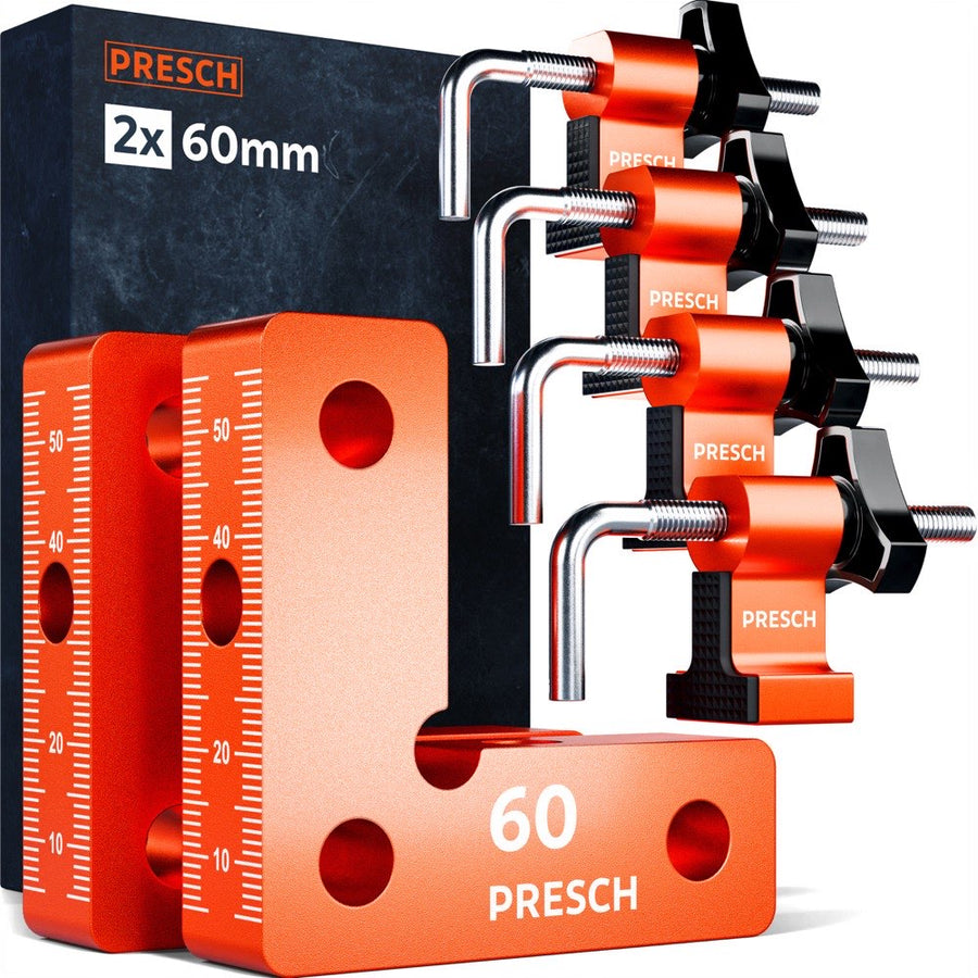 PRESCH Spannwinkel 60 mm Set mit 2 Winkeln und 4 Spannbacken vor der Verpackung