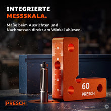 Winkel hochkant neben einem Fräser, die mm-Skala zeigt die eingestellte Frästiefe an