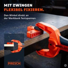 Winkel mit einer Schraubzwinge direkt an der Kante der Werkbank festgespannt