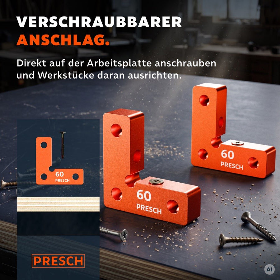 Auf die Arbeitsplatte geschraubte Winkel dienen als fester Anschlag, daneben liegen Holzschrauben