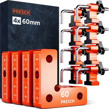 PRESCH Spannwinkel 60 mm Set mit 4 Winkeln und 8 Spannbacken vor der Verpackung