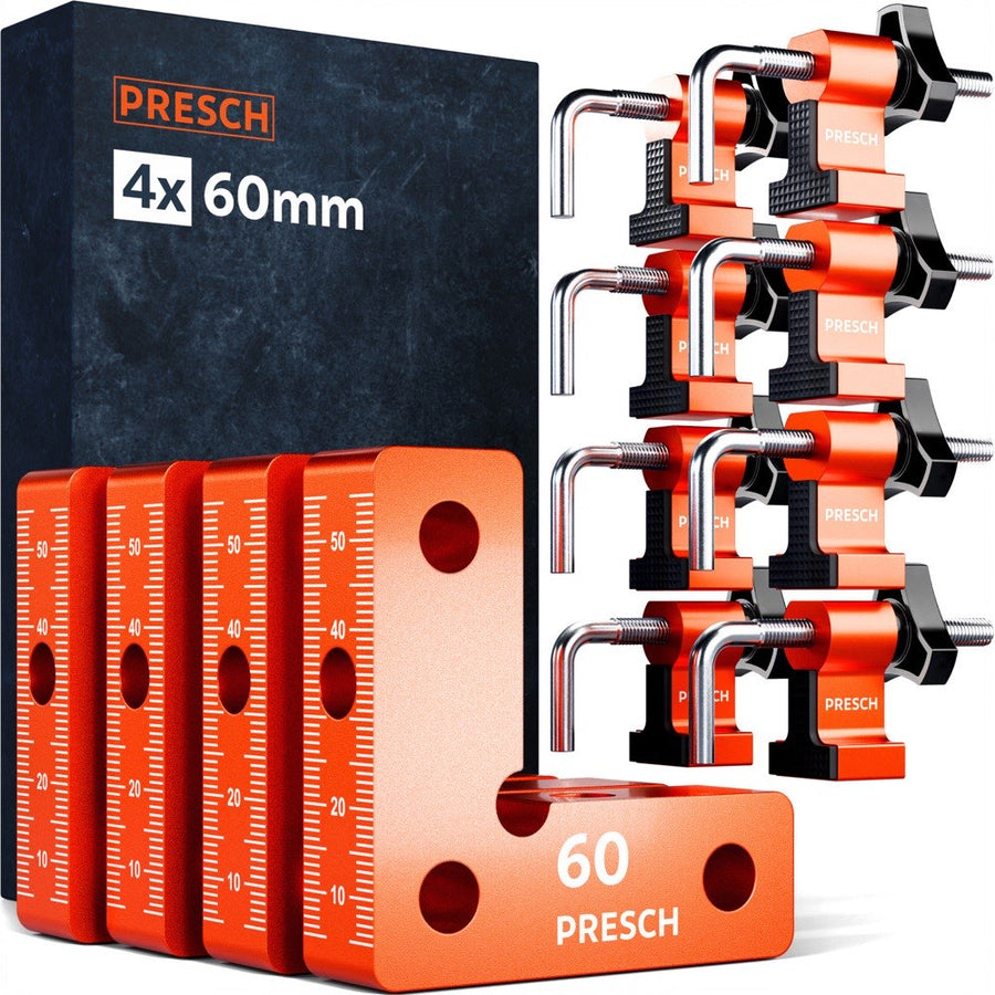 PRESCH Spannwinkel 60 mm Set mit 4 Winkeln und 8 Spannbacken vor der Verpackung