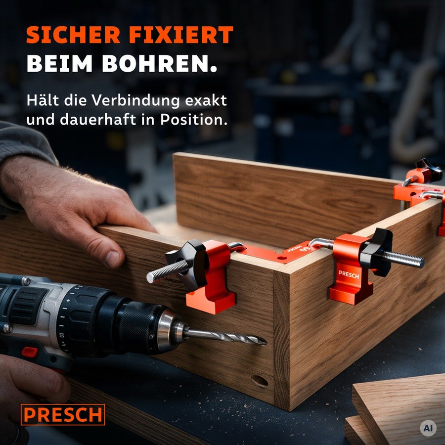 Handwerker bohrt mit dem Akkuschrauber, während Spannwinkel die Ecke eines Holzkastens halten