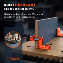 Spannwinkel mit Spannbacke hält eine Platte senkrecht auf der Werkbank fest