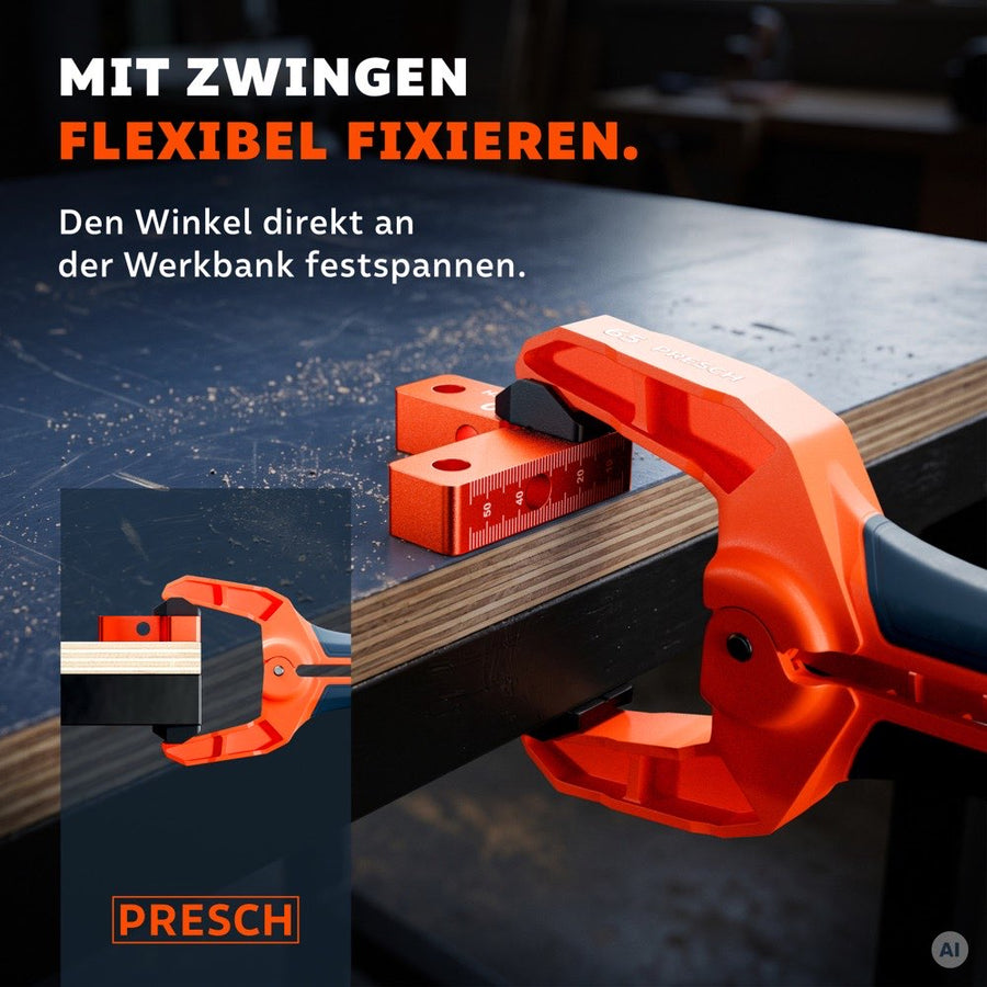 Winkel mit einer Schraubzwinge direkt an der Kante der Werkbank festgespannt