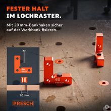 Winkel mit 20 mm Bankhaken im Lochraster der Werkbank fixiert, Detailgrafik zeigt den Sitz