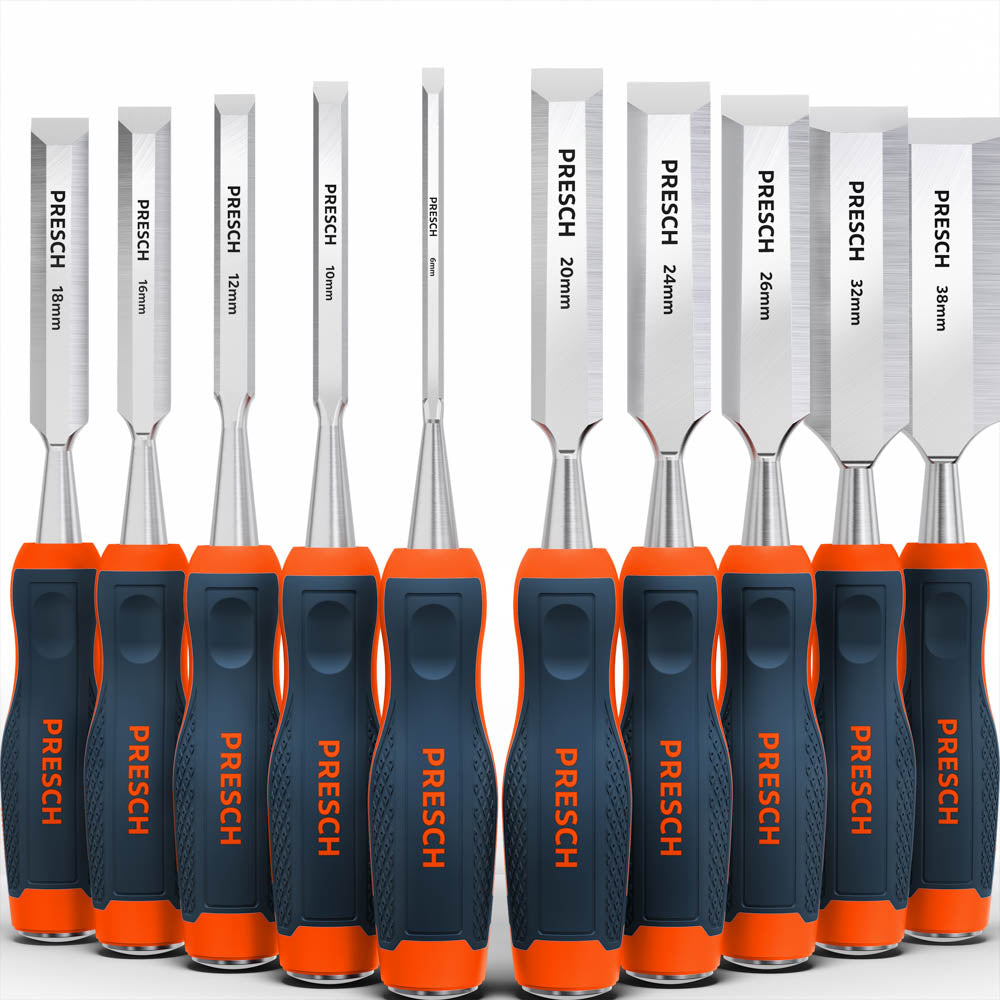 PRESCH Stechbeitel 10er Set – Hochwertiges Stemmeisen-Sortiment (6mm bis 38mm) für die Holzbearbeitung mit ergonomischen 2-Komponenten-Griffen in Orange und Dunkelblau.