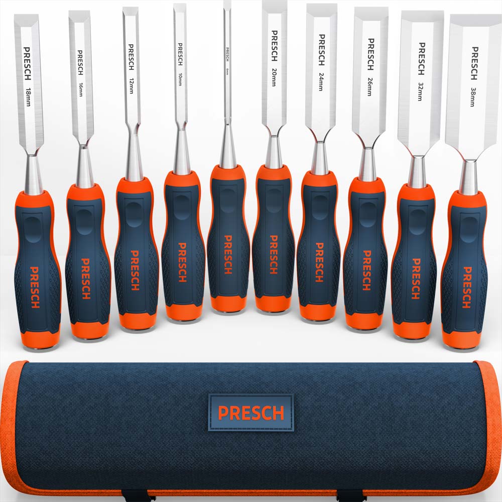 PRESCH Stechbeitel 10er Set – Umfangreiches Sortiment (6mm bis 38mm) mit ergonomischen 2-Komponenten-Griffen und einer passenden, dunkelblauen Rolltasche mit orangem Rand.