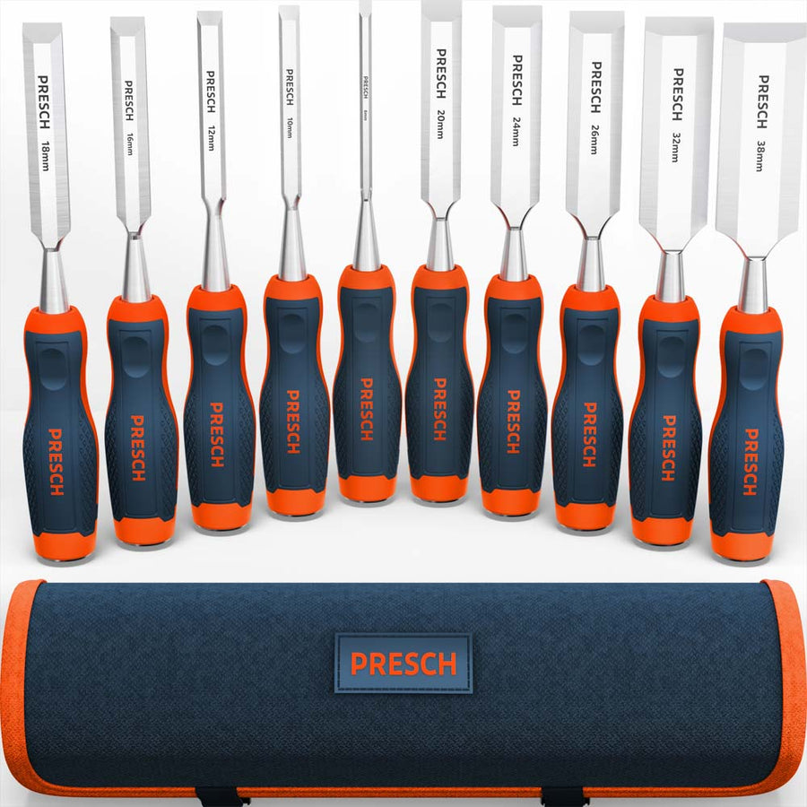 PRESCH Beitelset van 10 stuks - Uitgebreid assortiment (6mm tot 38mm) met ergonomische 2-onderdelen handgrepen en een bijpassende donkerblauwe roltas met oranje rand.
