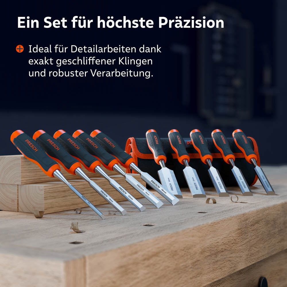 Alle 10 Stemmeisen des Sets sind dekorativ auf einer Werkbank aufgereiht; im Hintergrund ist die geöffnete Werkzeugtasche zu sehen.