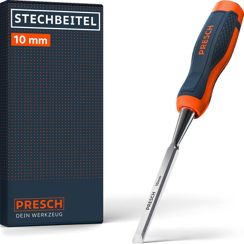 PRESCH Stechbeitel 10mm – Hochwertiges Stemmeisen für präzise Holzbearbeitung mit ergonomischem 2-Komponenten-Griff in Orange und Dunkelblau sowie passender Produktverpackung.