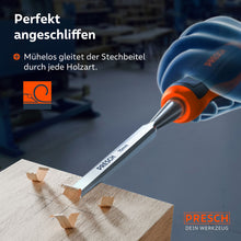Anwendungsbeispiel: Der scharf angeschliffene 10mm Stechbeitel gleitet mühelos durch das Holz und erzeugt saubere Späne bei der Ausarbeitung. 