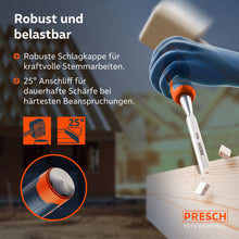 Einsatz auf der Baustelle: Das Stemmeisen im Einsatz mit einem Holzhammer; die robuste Schlagkappe und der 25° Anschliff garantieren dauerhafte Schärfe bei härtester Beanspruchung.