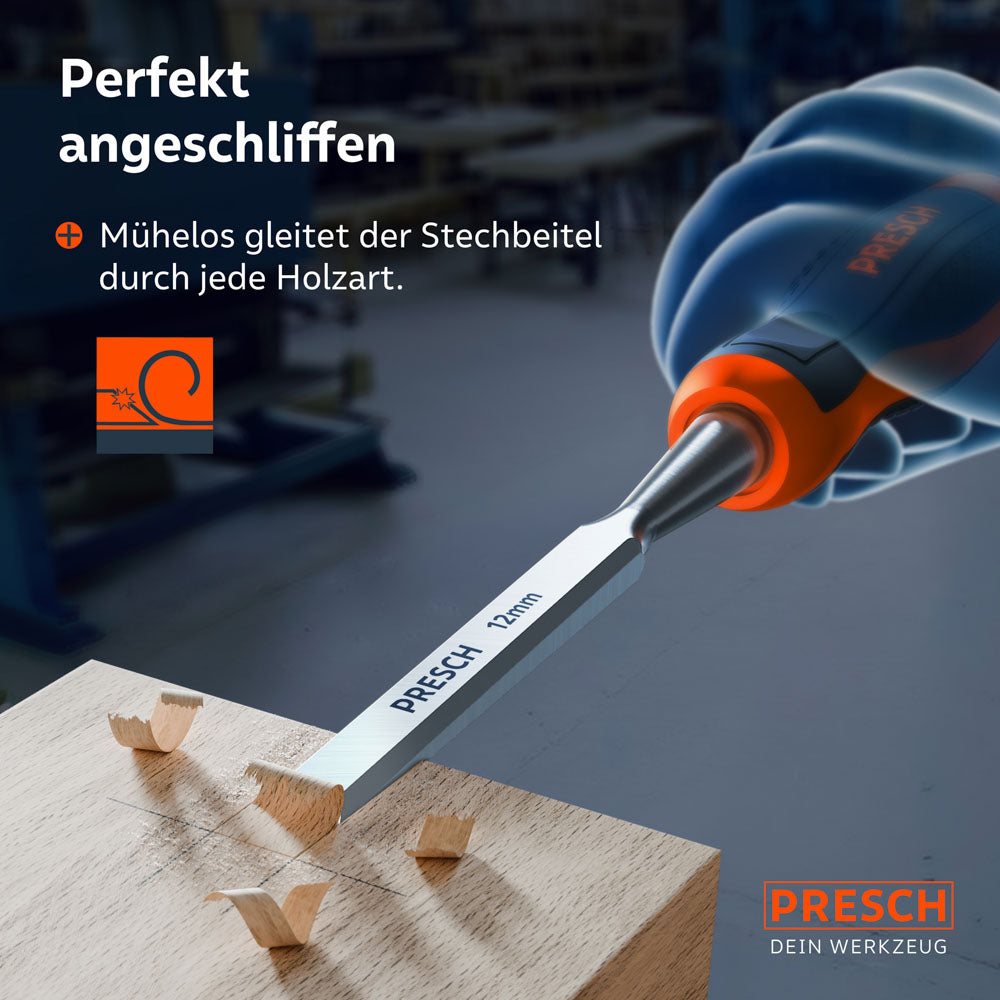Toepassingsvoorbeeld: De scherpe 12 mm beitel glijdt moeiteloos door het hout en produceert schone spanen bij de oppervlaktebewerking.