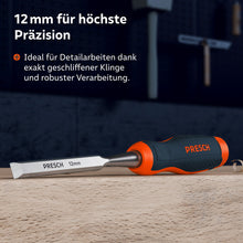 Das Stemmeisen mit 12mm Klingenbreite liegt auf einer Holzoberfläche; ideal für Detailarbeiten dank exakt geschliffener Klinge und robuster Verarbeitung.
