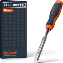PRESCH Stechbeitel 16mm – Hochwertiges Stemmeisen für präzise Holzbearbeitung mit ergonomischem 2-Komponenten-Griff in Orange und Dunkelblau sowie passender Produktverpackung.