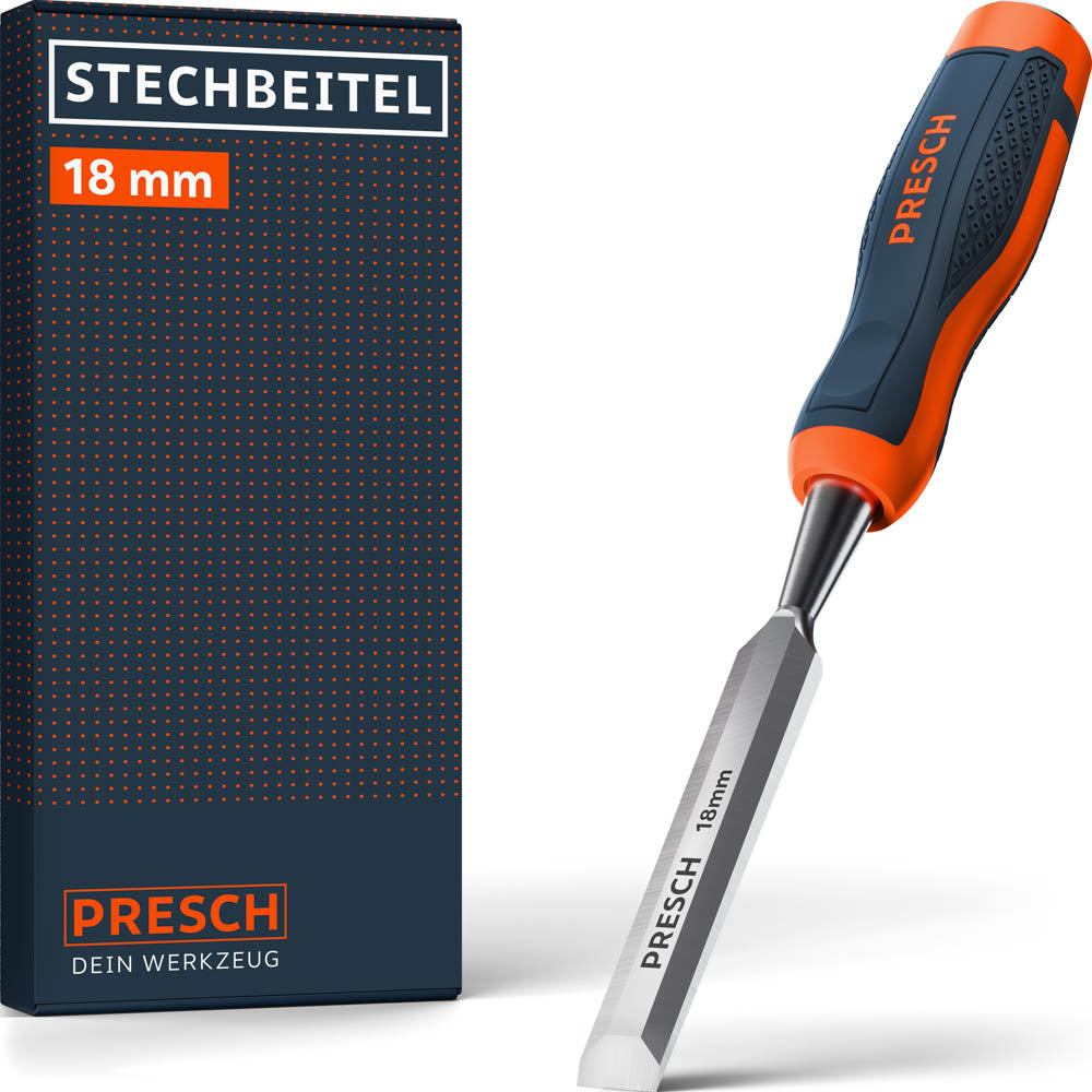 PRESCH Stechbeitel 18mm – Hochwertiges Stemmeisen für die Holzbearbeitung mit ergonomischem 2-Komponenten-Griff in Orange und Dunkelblau sowie passender Produktverpackung.