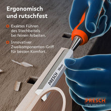Sichere Führung bei feinen Arbeiten: Die Illustration zeigt die Handhaltung am innovativen Zweikomponenten-Griff für besten Komfort und exakte Linienführung beim 18mm Stemmeisen.
