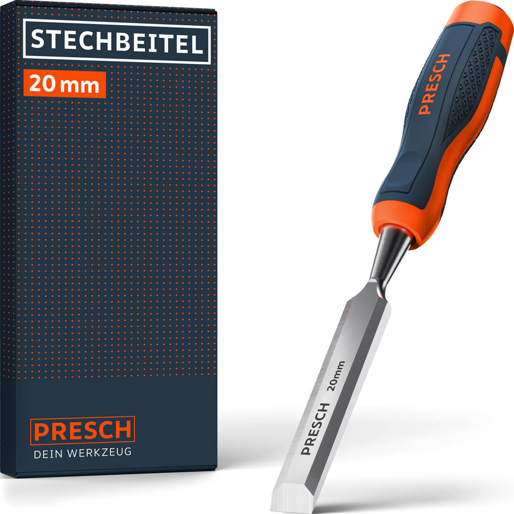 PRESCH Stechbeitel 20mm – Hochwertiges Stemmeisen für die Holzbearbeitung mit ergonomischem 2-Komponenten-Griff in Orange und Dunkelblau sowie passender Produktverpackung.