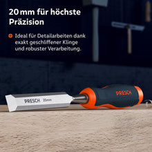 Das Stemmeisen mit 20mm Klingenbreite liegt auf einer Holzbohle; ideal für präzise Arbeiten dank exakt geschliffener Klinge und robuster Verarbeitung.