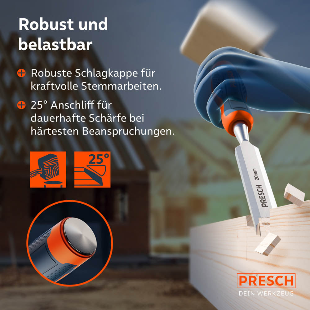 Einsatz auf der Baustelle: Das Stemmeisen im Einsatz mit einem Holzhammer; die robuste Schlagkappe und der 25° Anschliff garantieren dauerhafte Schärfe bei härtester Beanspruchung.