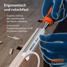 Sichere Führung bei feinen Arbeiten: Die Illustration zeigt die Handhaltung am innovativen Zweikomponenten-Griff für besten Komfort und exakte Linienführung beim 20mm Stemmeisen.