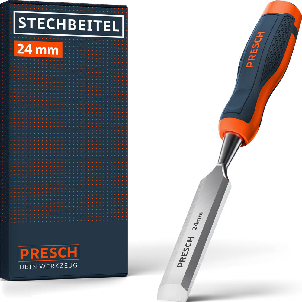 PRESCH Stechbeitel 24mm – Hochwertiges Stemmeisen für die Holzbearbeitung mit ergonomischem 2-Komponenten-Griff in Orange und Dunkelblau sowie passender Produktverpackung.