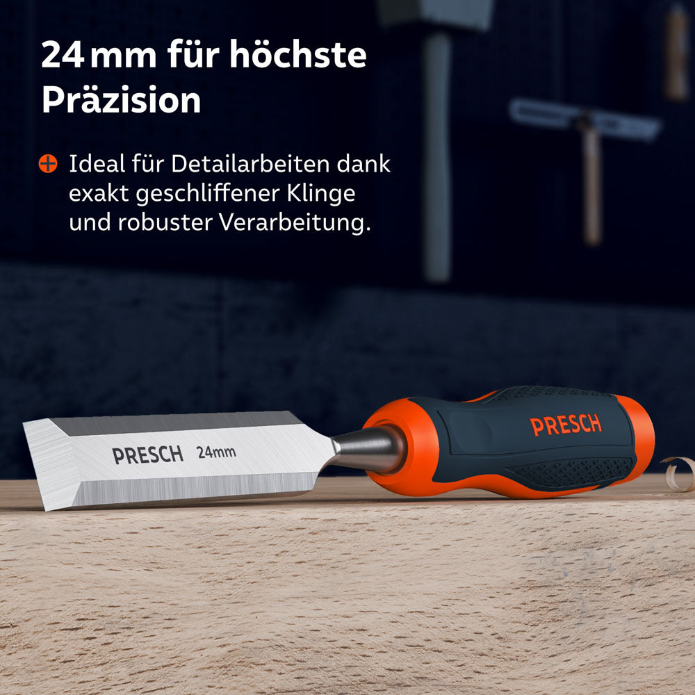 Das Stemmeisen mit 24mm Klingenbreite liegt auf einer Holzoberfläche; ideal für Detailarbeiten dank exakt geschliffener Klinge und robuster Verarbeitung.