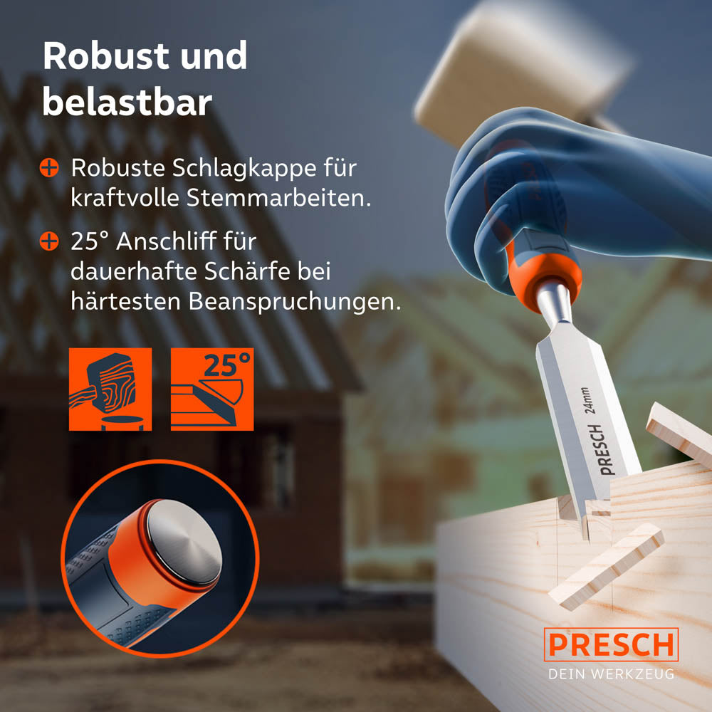 Einsatz auf der Baustelle: Das Stemmeisen im Einsatz mit einem Holzhammer; die robuste Schlagkappe und der 25° Anschliff garantieren dauerhafte Schärfe bei härtester Beanspruchung.