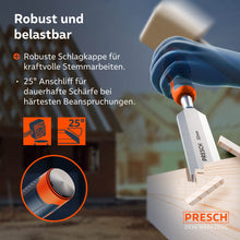 Einsatz auf der Baustelle: Das Stemmeisen im Einsatz mit einem Holzhammer; die robuste Schlagkappe und der 25° Anschliff garantieren dauerhafte Schärfe bei härtester Beanspruchung.