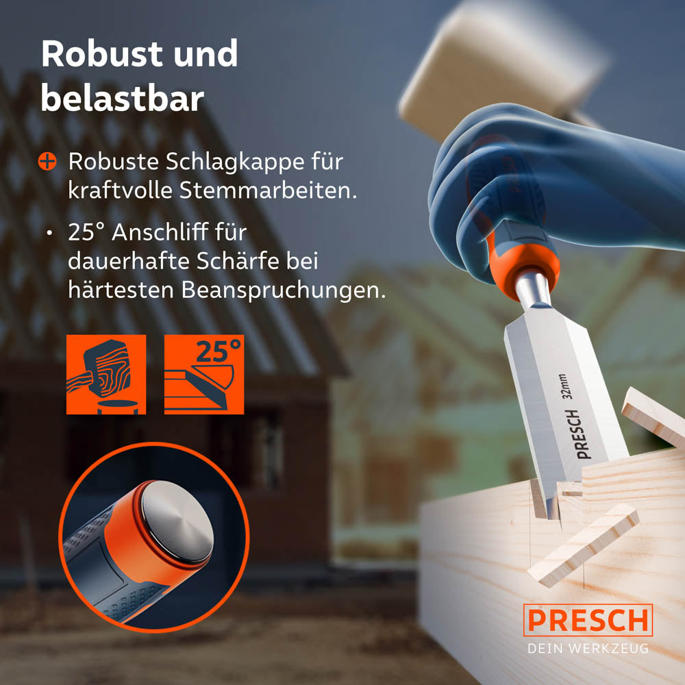Einsatz auf der Baustelle: Das Stemmeisen im Einsatz mit einem Holzhammer; die robuste Schlagkappe und der 25° Anschliff garantieren dauerhafte Schärfe bei härtester Beanspruchung.