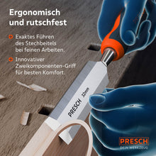 Sichere Führung bei feinen Arbeiten: Die Illustration zeigt die Handhaltung am innovativen Zweikomponenten-Griff für besten Komfort und exakte Linienführung beim 32mm Stemmeisen.