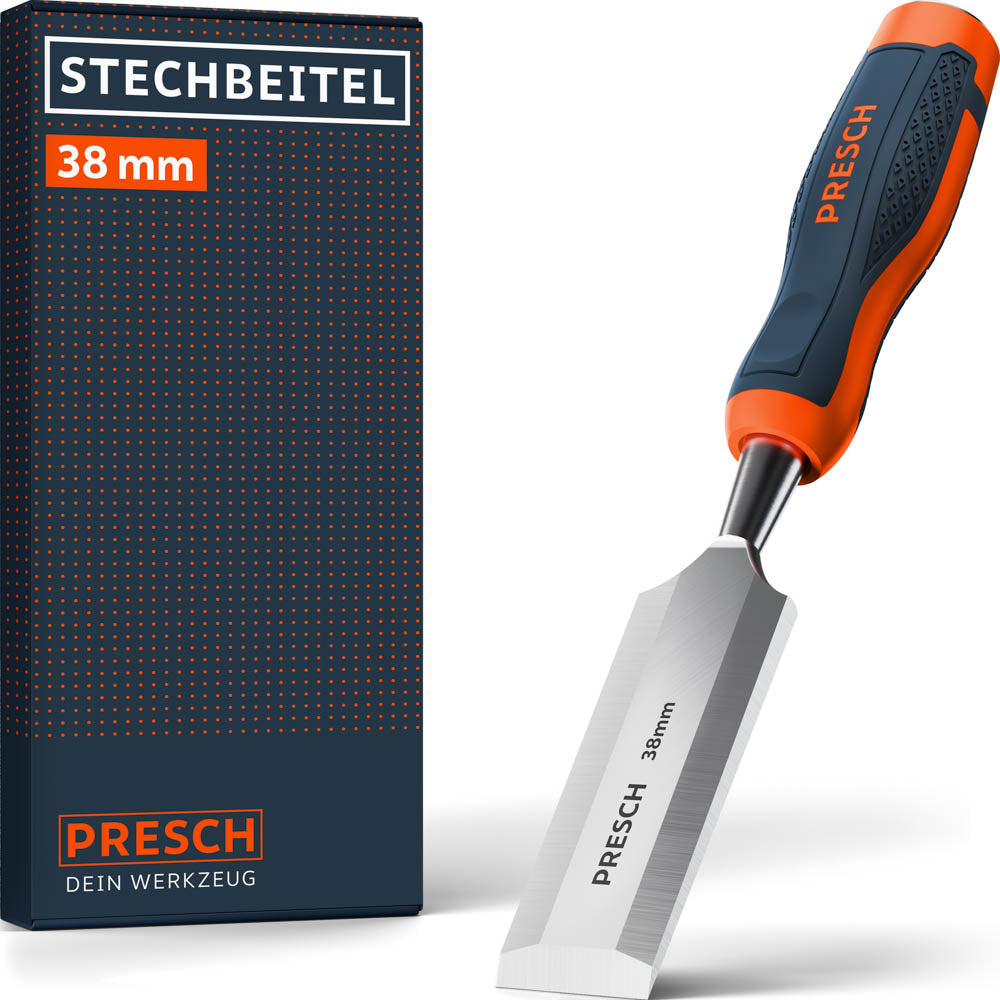 PRESCH Stechbeitel 38mm – Hochwertiges Stemmeisen für die Holzbearbeitung mit ergonomischem 2-Komponenten-Griff in Orange und Dunkelblau sowie passender Produktverpackung.